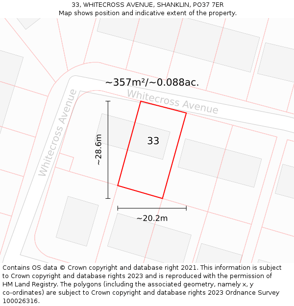 33, WHITECROSS AVENUE, SHANKLIN, PO37 7ER: Plot and title map