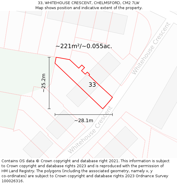 33, WHITEHOUSE CRESCENT, CHELMSFORD, CM2 7LW: Plot and title map