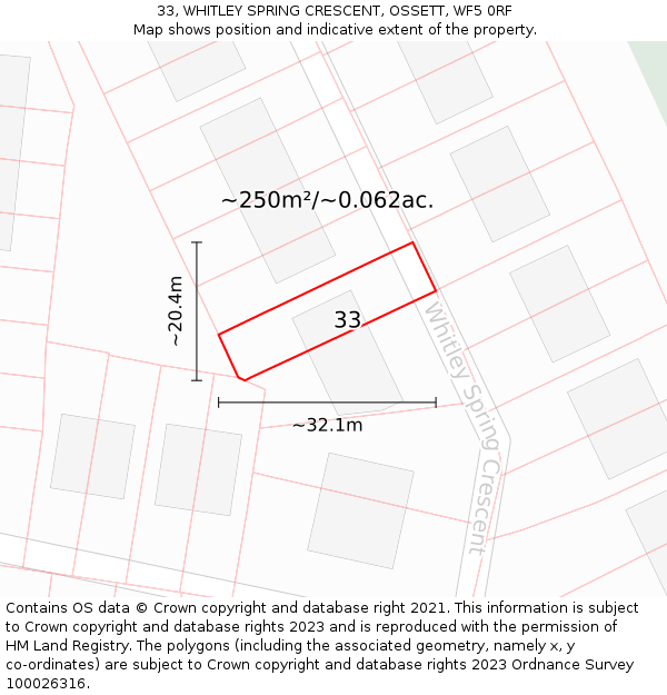 33, WHITLEY SPRING CRESCENT, OSSETT, WF5 0RF: Plot and title map