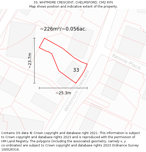 33, WHITMORE CRESCENT, CHELMSFORD, CM2 6YN: Plot and title map