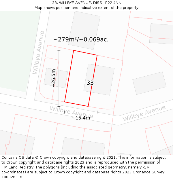 33, WILLBYE AVENUE, DISS, IP22 4NN: Plot and title map