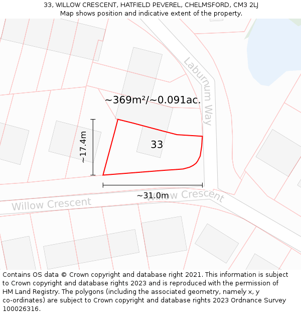 33, WILLOW CRESCENT, HATFIELD PEVEREL, CHELMSFORD, CM3 2LJ: Plot and title map
