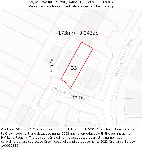 33, WILLOW TREE CLOSE, BARWELL, LEICESTER, LE9 8LP: Plot and title map