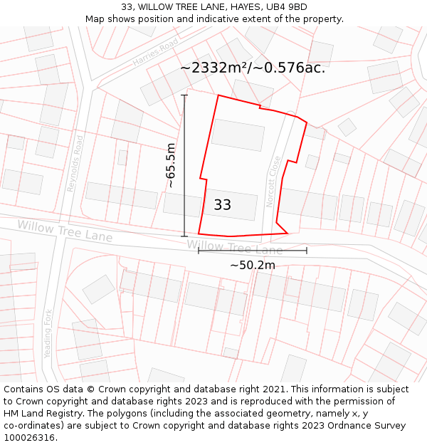 33, WILLOW TREE LANE, HAYES, UB4 9BD: Plot and title map