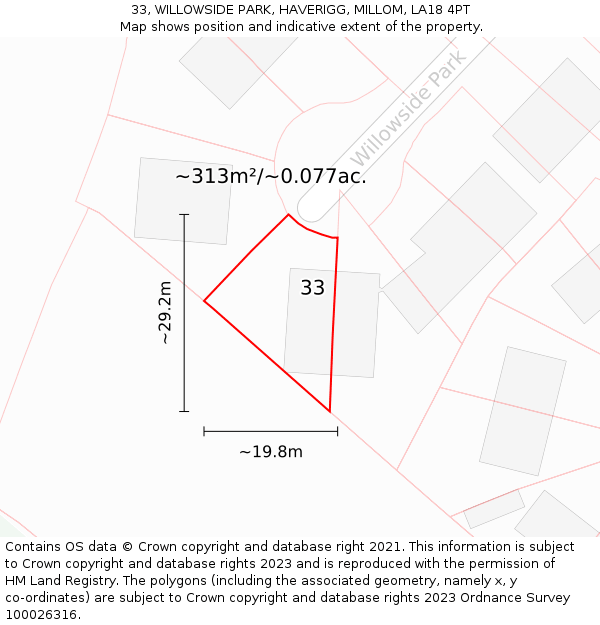 33, WILLOWSIDE PARK, HAVERIGG, MILLOM, LA18 4PT: Plot and title map