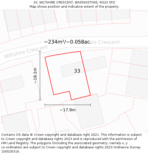 33, WILTSHIRE CRESCENT, BASINGSTOKE, RG22 5FD: Plot and title map
