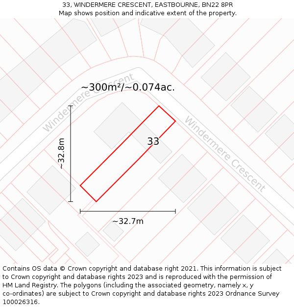 33, WINDERMERE CRESCENT, EASTBOURNE, BN22 8PR: Plot and title map
