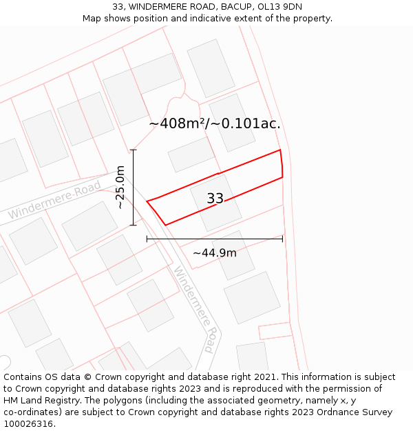 33, WINDERMERE ROAD, BACUP, OL13 9DN: Plot and title map
