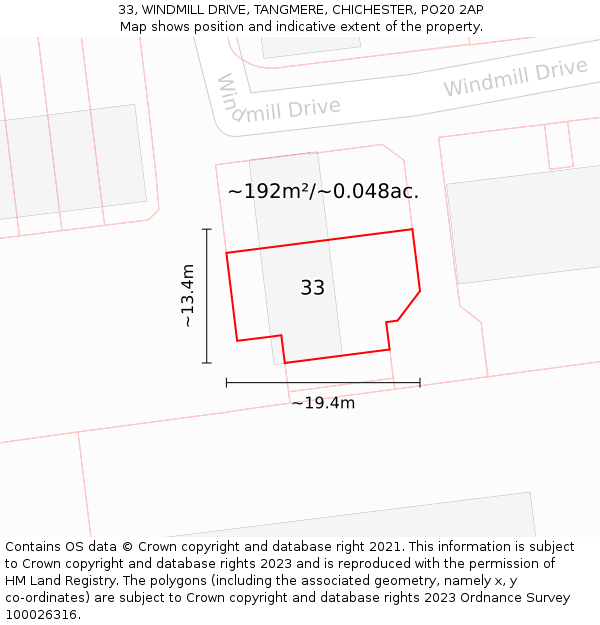 33, WINDMILL DRIVE, TANGMERE, CHICHESTER, PO20 2AP: Plot and title map