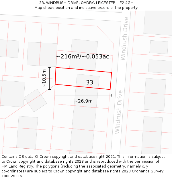 33, WINDRUSH DRIVE, OADBY, LEICESTER, LE2 4GH: Plot and title map