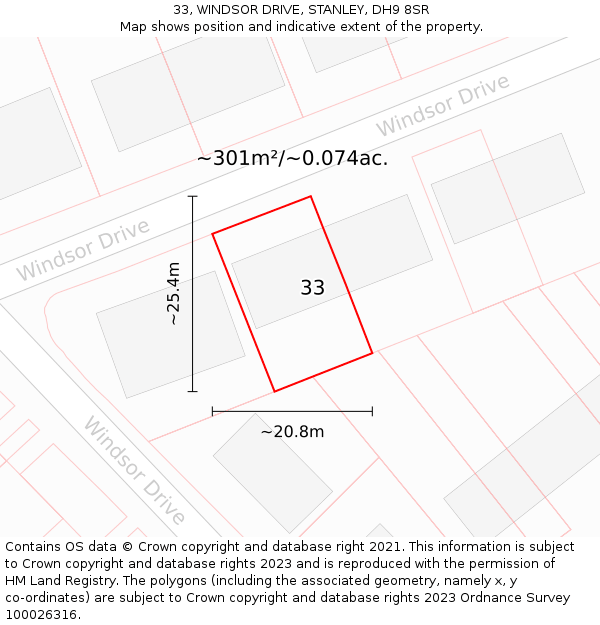 33, WINDSOR DRIVE, STANLEY, DH9 8SR: Plot and title map