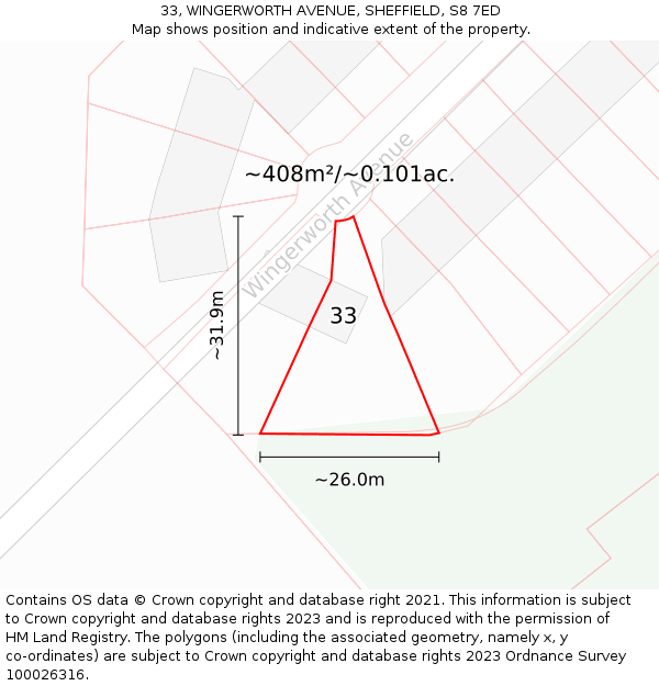 33, WINGERWORTH AVENUE, SHEFFIELD, S8 7ED: Plot and title map