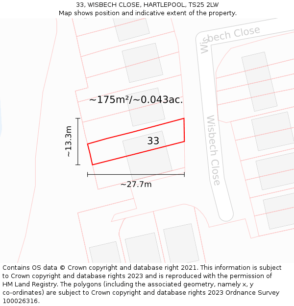 33, WISBECH CLOSE, HARTLEPOOL, TS25 2LW: Plot and title map