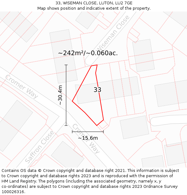 33, WISEMAN CLOSE, LUTON, LU2 7GE: Plot and title map