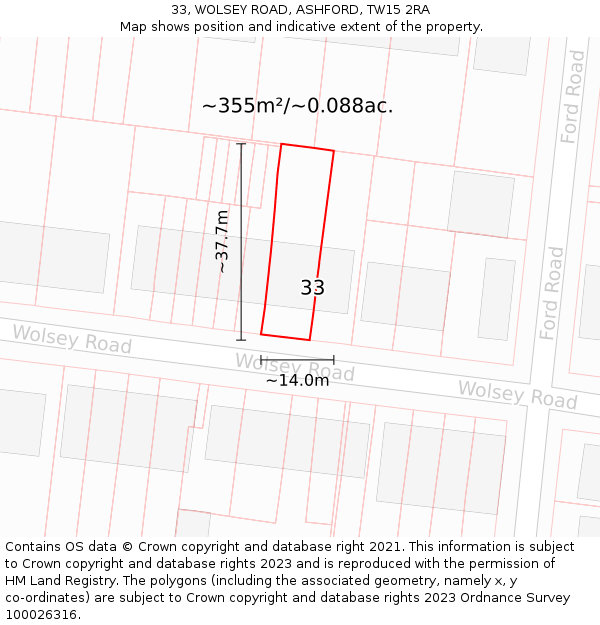 33, WOLSEY ROAD, ASHFORD, TW15 2RA: Plot and title map