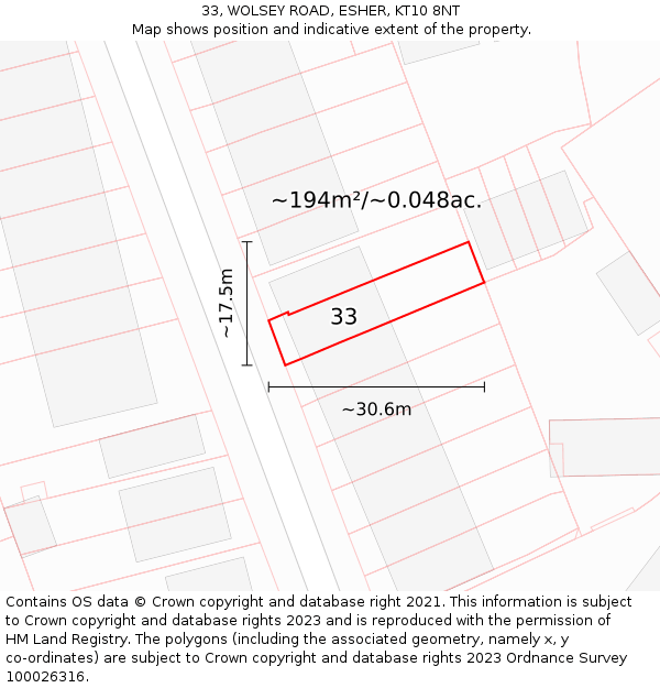 33, WOLSEY ROAD, ESHER, KT10 8NT: Plot and title map