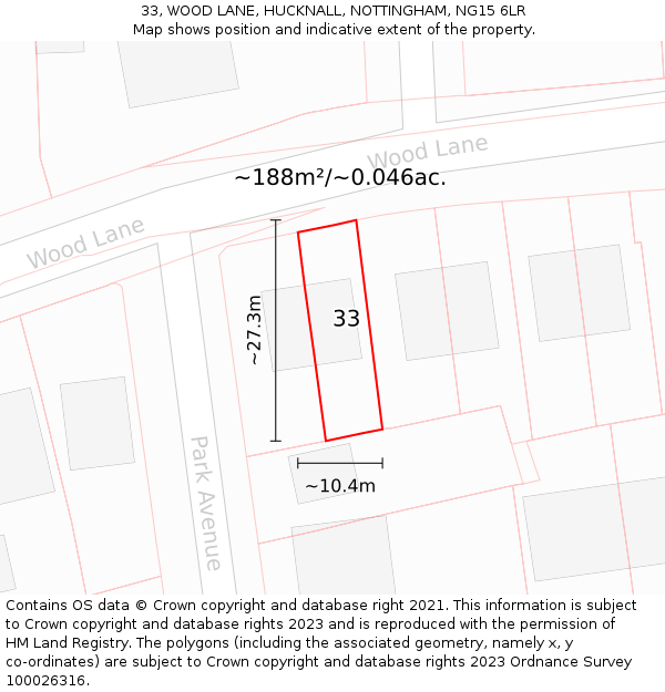 33, WOOD LANE, HUCKNALL, NOTTINGHAM, NG15 6LR: Plot and title map