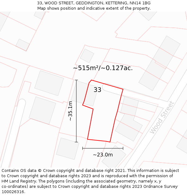 33, WOOD STREET, GEDDINGTON, KETTERING, NN14 1BG: Plot and title map