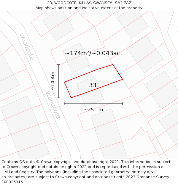 33, WOODCOTE, KILLAY, SWANSEA, SA2 7AZ: Plot and title map