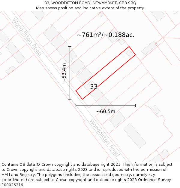 33, WOODDITTON ROAD, NEWMARKET, CB8 9BQ: Plot and title map