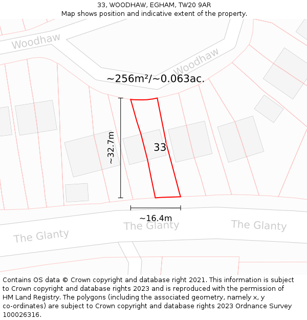 33, WOODHAW, EGHAM, TW20 9AR: Plot and title map