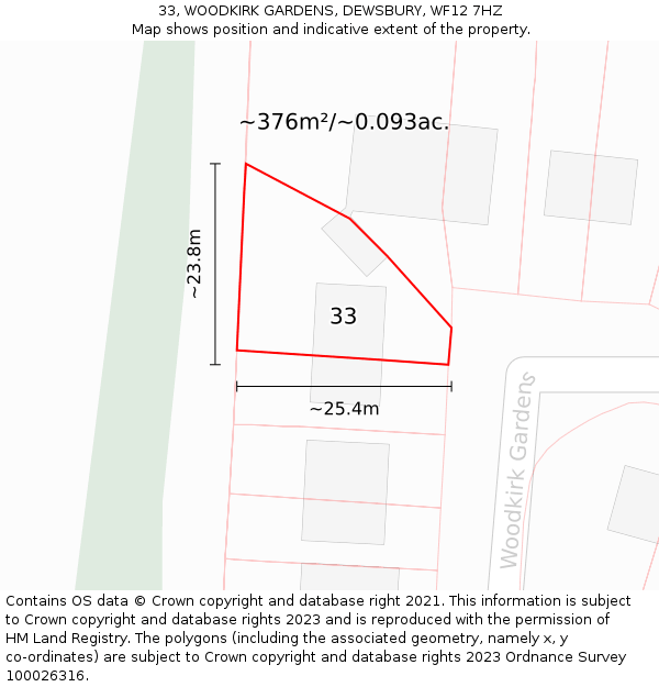 33, WOODKIRK GARDENS, DEWSBURY, WF12 7HZ: Plot and title map