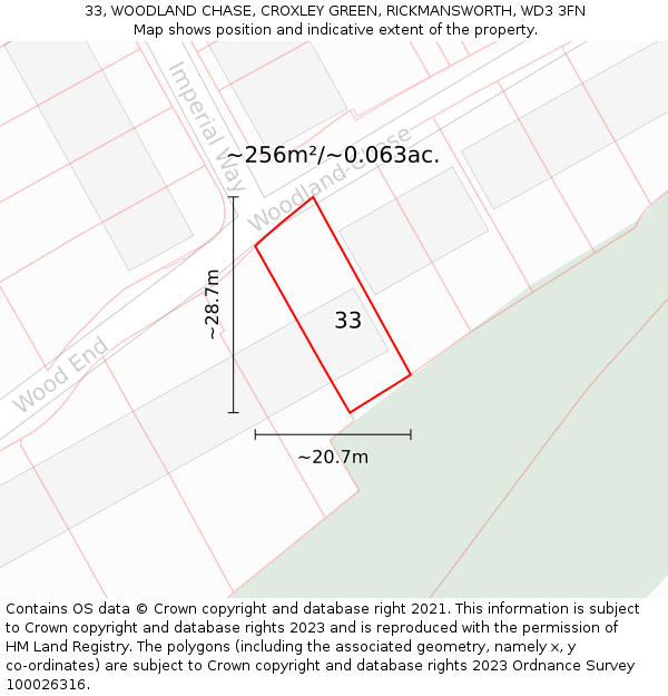 33, WOODLAND CHASE, CROXLEY GREEN, RICKMANSWORTH, WD3 3FN: Plot and title map