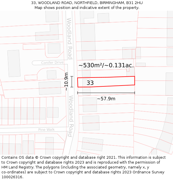 33, WOODLAND ROAD, NORTHFIELD, BIRMINGHAM, B31 2HU: Plot and title map