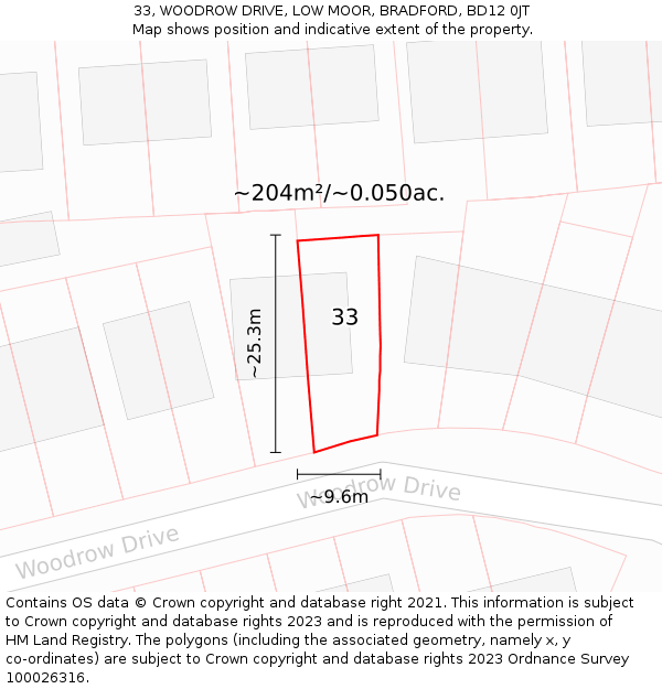 33, WOODROW DRIVE, LOW MOOR, BRADFORD, BD12 0JT: Plot and title map