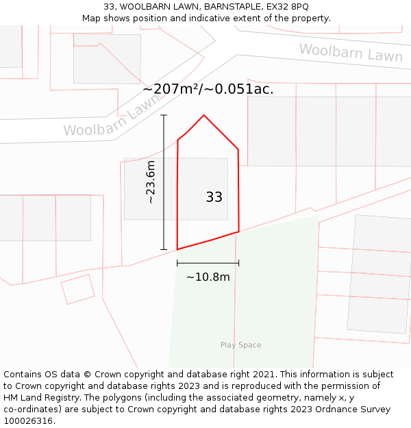 33, WOOLBARN LAWN, BARNSTAPLE, EX32 8PQ: Plot and title map