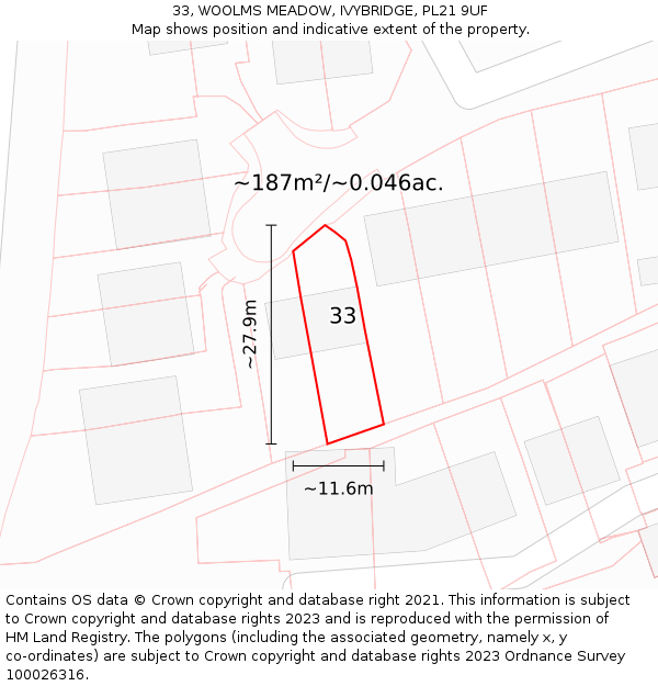 33, WOOLMS MEADOW, IVYBRIDGE, PL21 9UF: Plot and title map