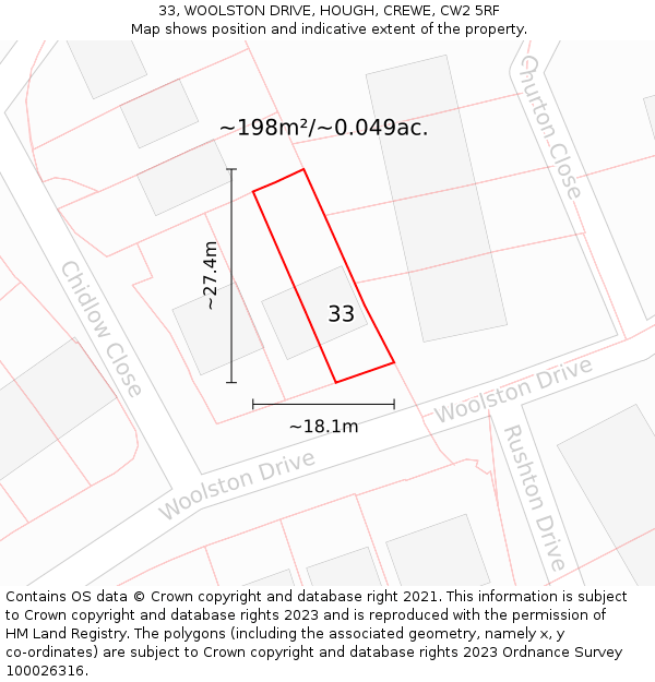 33, WOOLSTON DRIVE, HOUGH, CREWE, CW2 5RF: Plot and title map