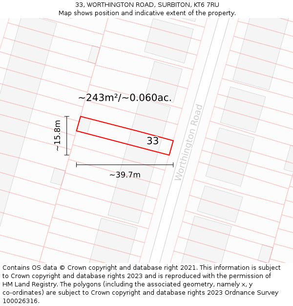 33, WORTHINGTON ROAD, SURBITON, KT6 7RU: Plot and title map