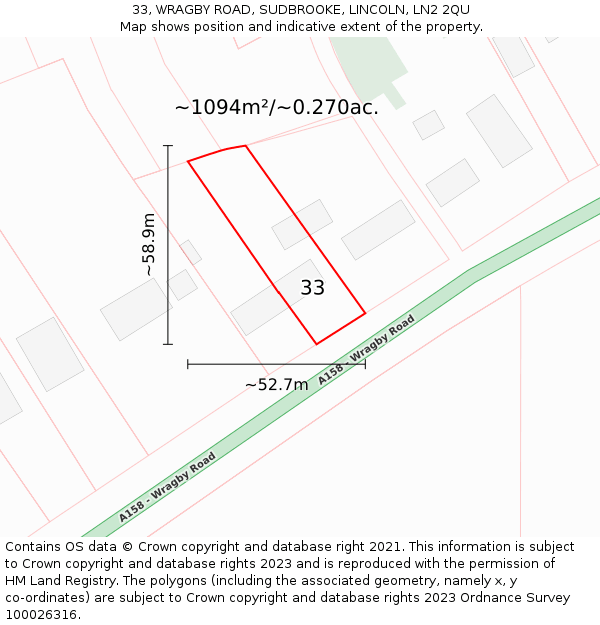 33, WRAGBY ROAD, SUDBROOKE, LINCOLN, LN2 2QU: Plot and title map