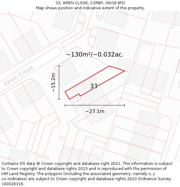 33, WREN CLOSE, CORBY, NN18 8FD: Plot and title map
