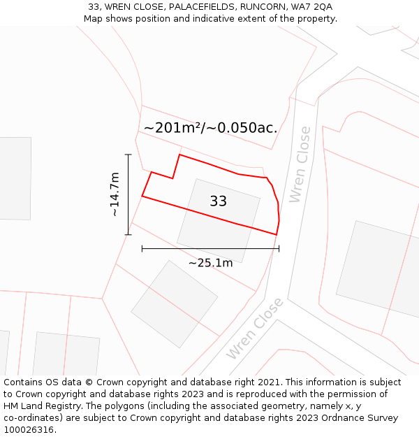33, WREN CLOSE, PALACEFIELDS, RUNCORN, WA7 2QA: Plot and title map