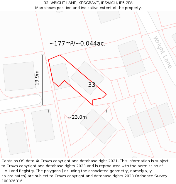 33, WRIGHT LANE, KESGRAVE, IPSWICH, IP5 2FA: Plot and title map