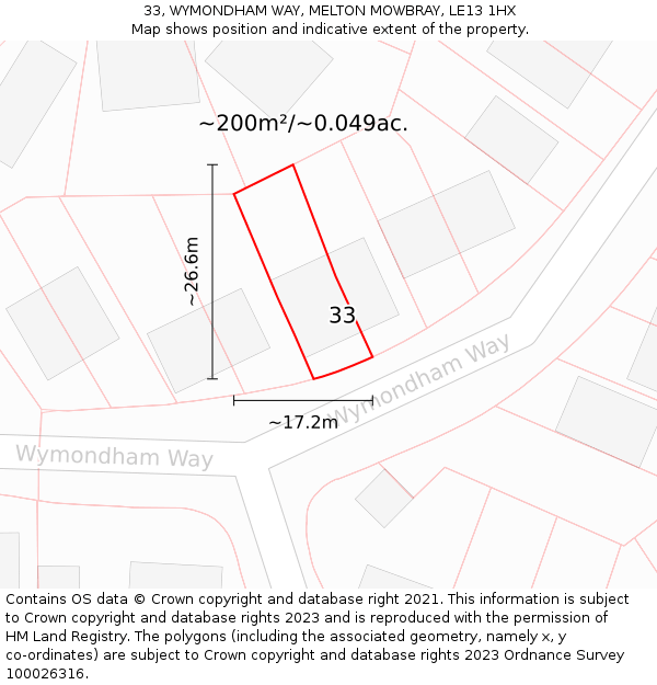 33, WYMONDHAM WAY, MELTON MOWBRAY, LE13 1HX: Plot and title map