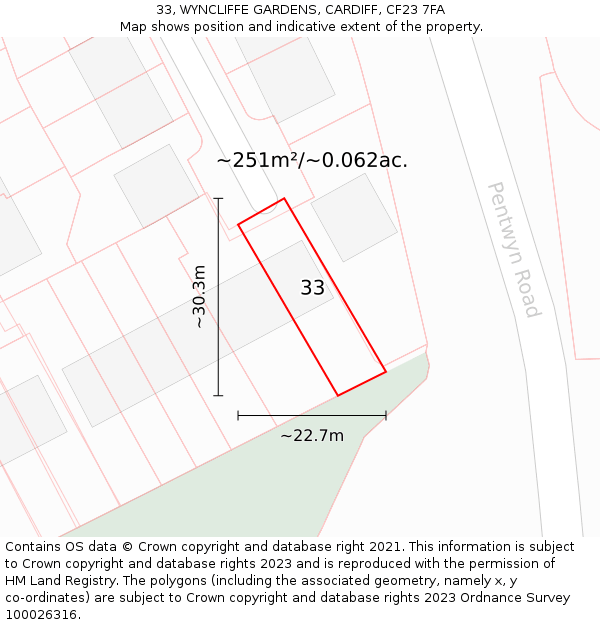 33, WYNCLIFFE GARDENS, CARDIFF, CF23 7FA: Plot and title map