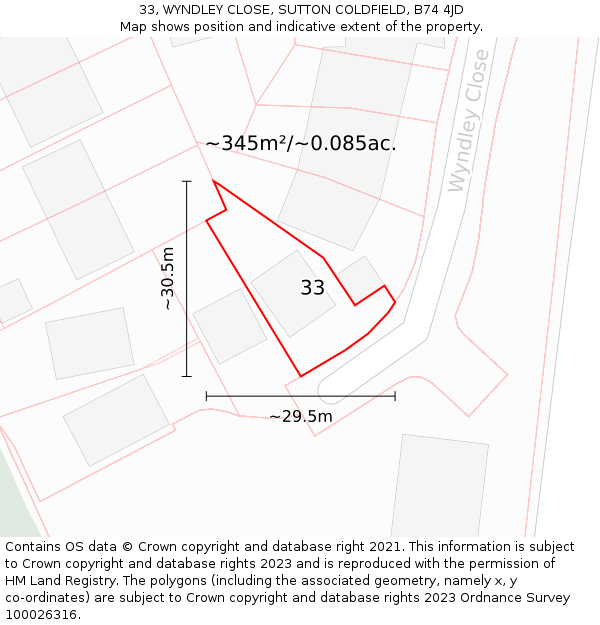 33, WYNDLEY CLOSE, SUTTON COLDFIELD, B74 4JD: Plot and title map