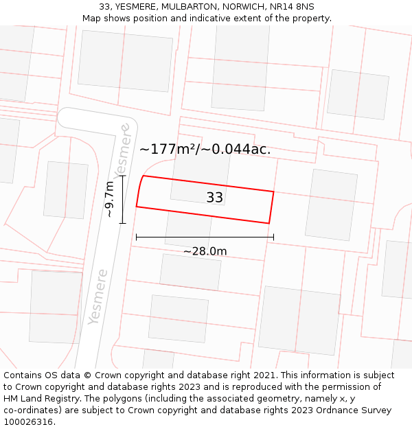33, YESMERE, MULBARTON, NORWICH, NR14 8NS: Plot and title map