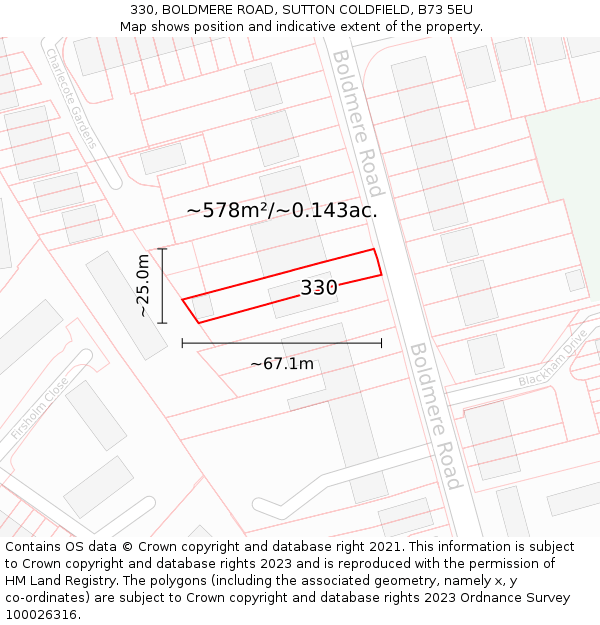 330, BOLDMERE ROAD, SUTTON COLDFIELD, B73 5EU: Plot and title map
