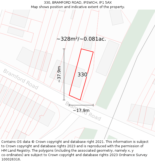330, BRAMFORD ROAD, IPSWICH, IP1 5AX: Plot and title map