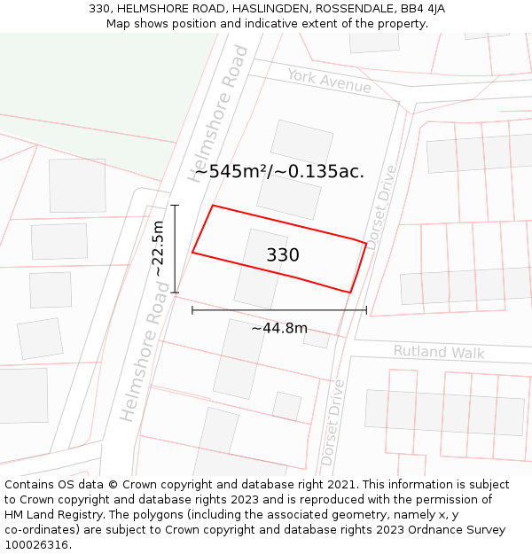 330, HELMSHORE ROAD, HASLINGDEN, ROSSENDALE, BB4 4JA: Plot and title map
