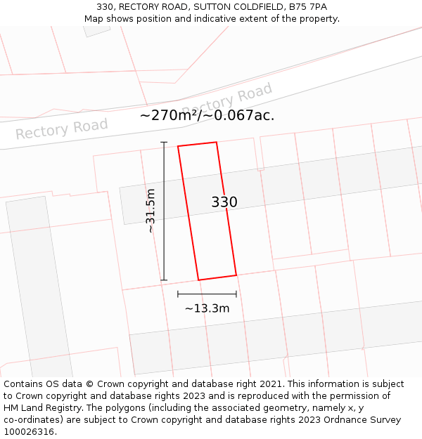 330, RECTORY ROAD, SUTTON COLDFIELD, B75 7PA: Plot and title map