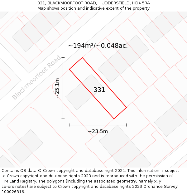 331, BLACKMOORFOOT ROAD, HUDDERSFIELD, HD4 5RA: Plot and title map
