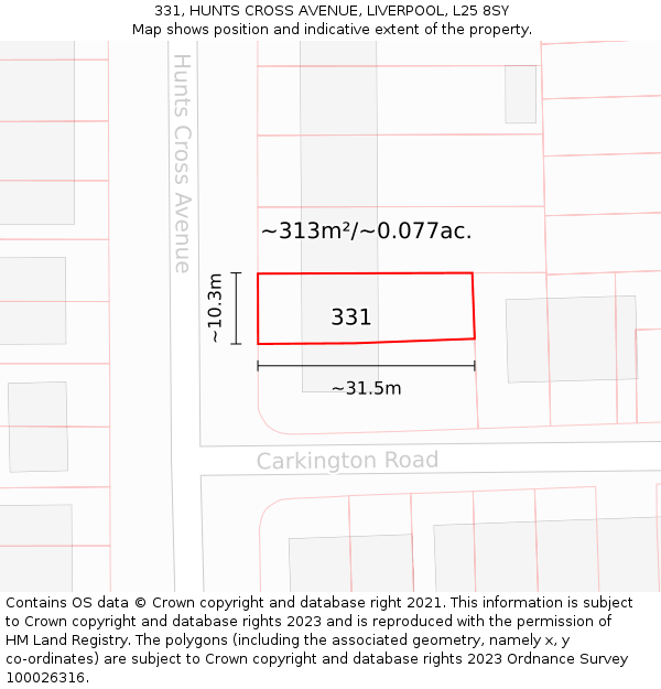 331, HUNTS CROSS AVENUE, LIVERPOOL, L25 8SY: Plot and title map