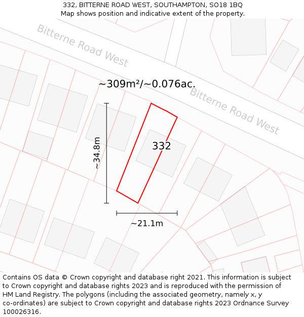 332, BITTERNE ROAD WEST, SOUTHAMPTON, SO18 1BQ: Plot and title map