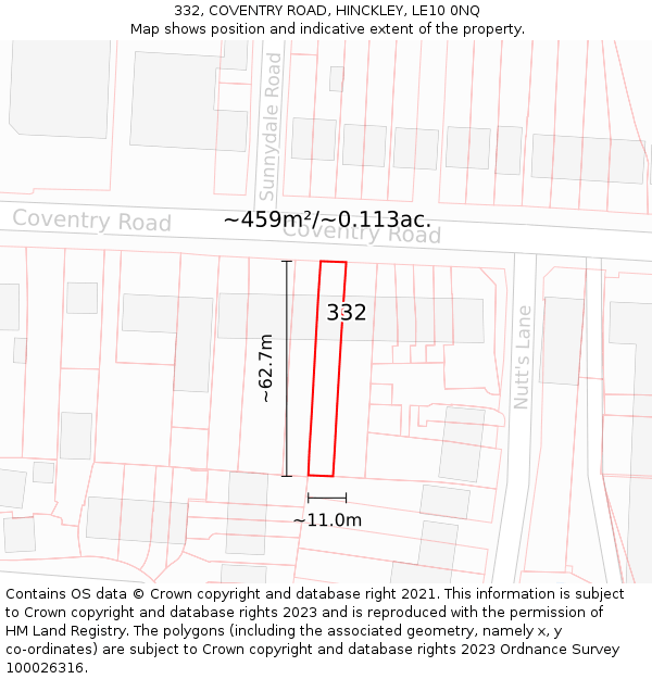 332, COVENTRY ROAD, HINCKLEY, LE10 0NQ: Plot and title map