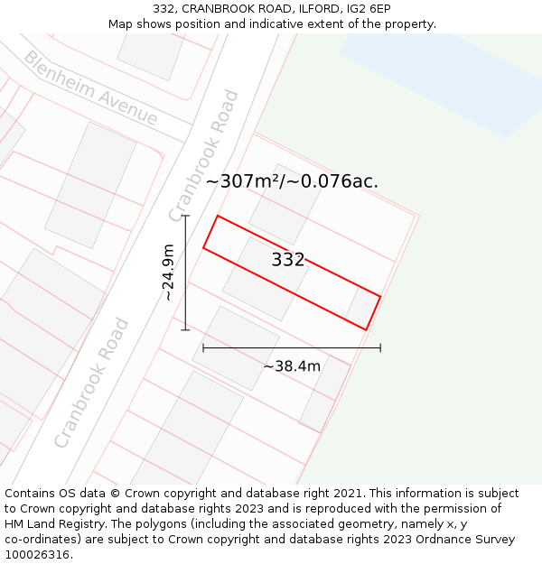 332, CRANBROOK ROAD, ILFORD, IG2 6EP: Plot and title map